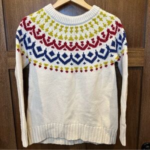J. Crew Cream Fair Isle Crewneck Sweater with Red, Navy & Chartreuse Yoke